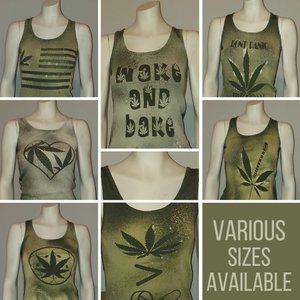 Cannabis themed OD green tank top various sizes